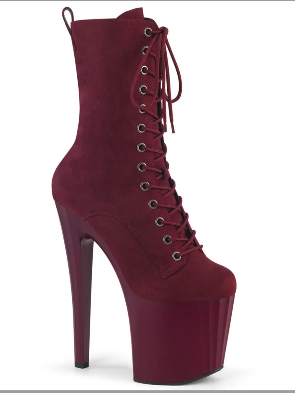 Pleaser Burgundy Suede Lace-Up Platform Stiletto Boots